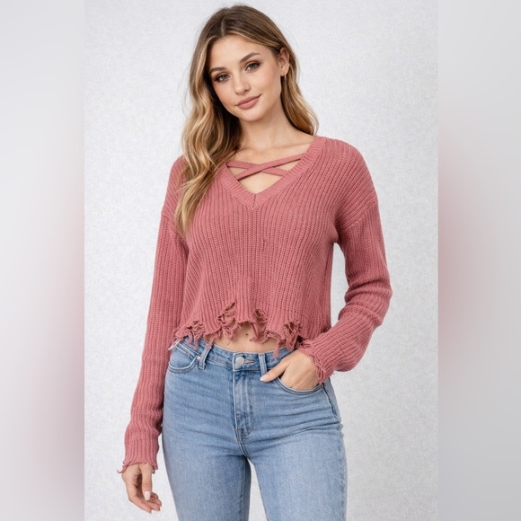 Planet Gold Sweaters - Planet Gold Pink Sweater with Distressed Hem